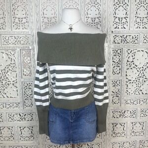 Orange Kiss Essentials Green‎ & White Striped Off The Shoulder Sweater Sz Large